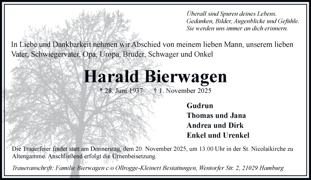  Traueranzeige für Harald Bierwagen vom 08.11.2025 aus Bergedorfer Zeitung