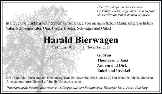 Traueranzeige von Harald Bierwagen von Bergedorfer Zeitung