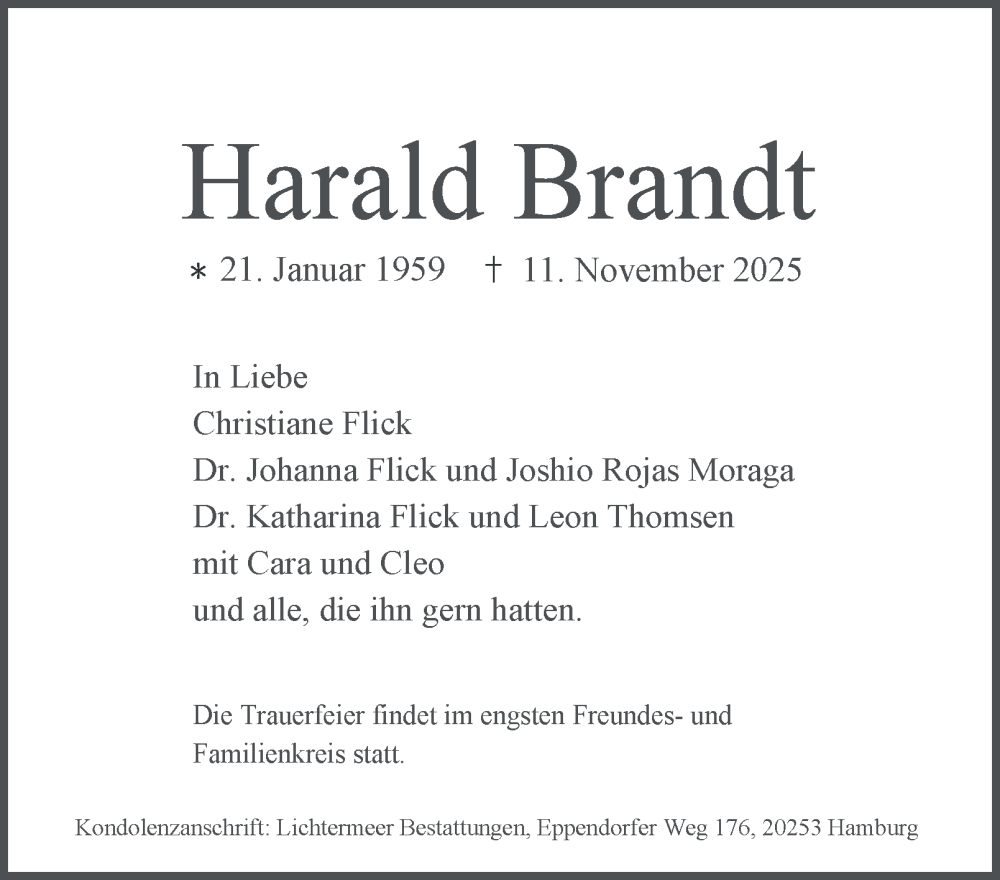 Traueranzeige für Harald Brandt vom 29.11.2025 aus Hamburger Abendblatt