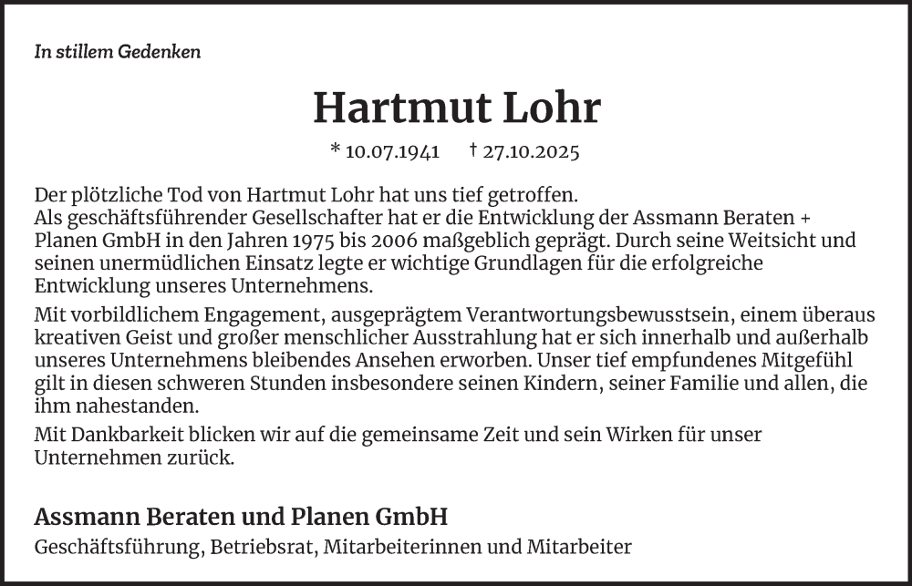  Traueranzeige für Hartmut Lohr vom 08.11.2025 aus Hamburger Abendblatt