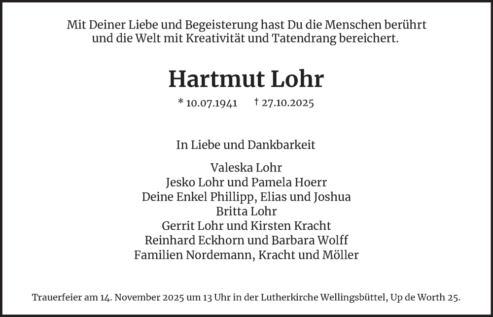  Traueranzeige für Hartmut Lohr vom 08.11.2025 aus Hamburger Abendblatt