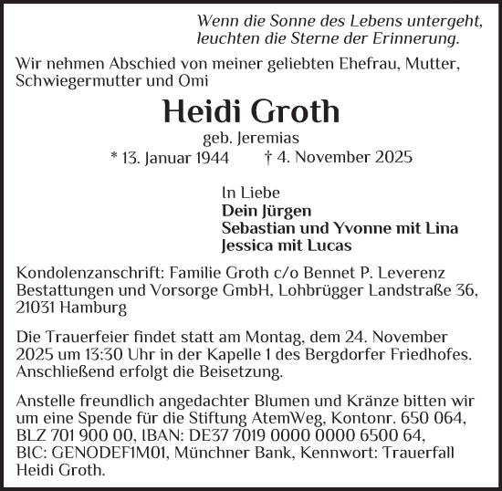 Traueranzeige von Heidi Groth von Bergedorfer Zeitung