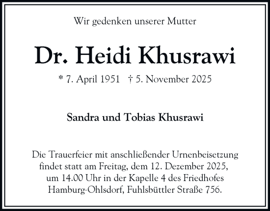 Traueranzeige von Heidi Khusrawi von Hamburger Abendblatt