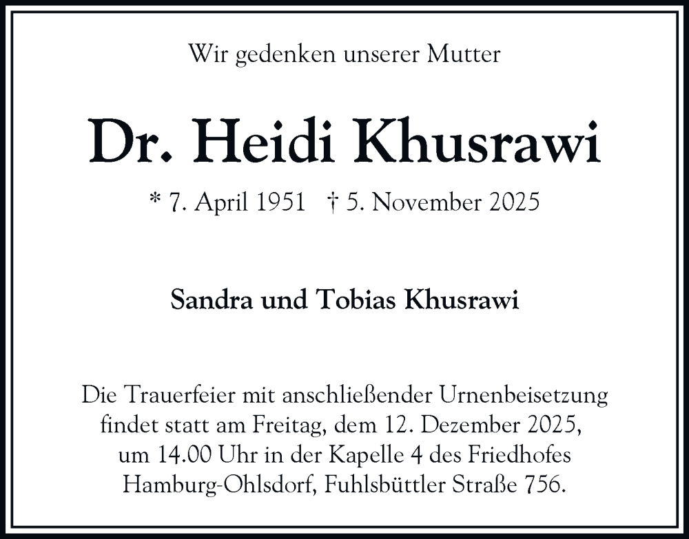  Traueranzeige für Heidi Khusrawi vom 29.11.2025 aus Hamburger Abendblatt