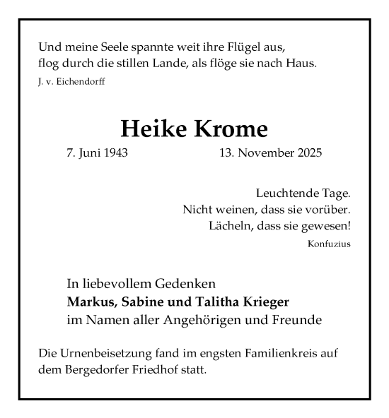 Traueranzeige von Heike Krome von Bergedorfer Zeitung