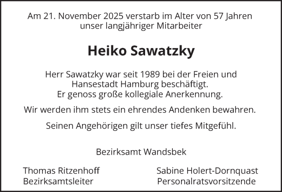Traueranzeige von Heiko Sawatzky von Hamburger Abendblatt