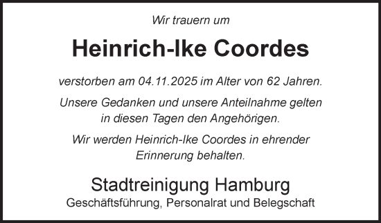 Traueranzeige von Heinrich-Ike Coordes von Hamburger Abendblatt