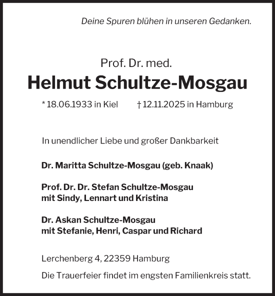 Traueranzeige von Helmut Schultze-Mosgau von Hamburger Abendblatt