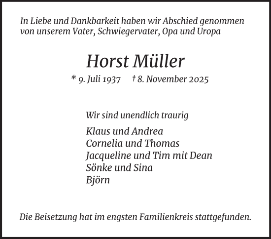 Traueranzeige von Horst Müller 