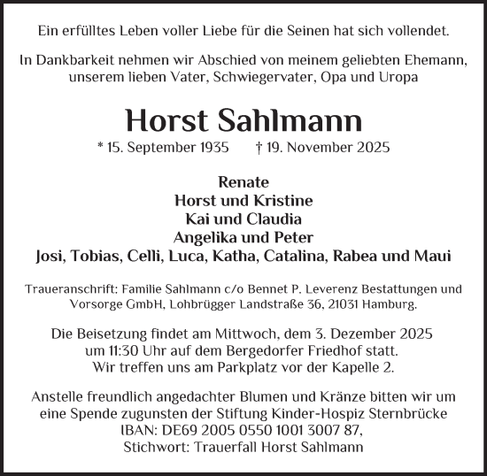 Traueranzeige von Horst Sahlmann 