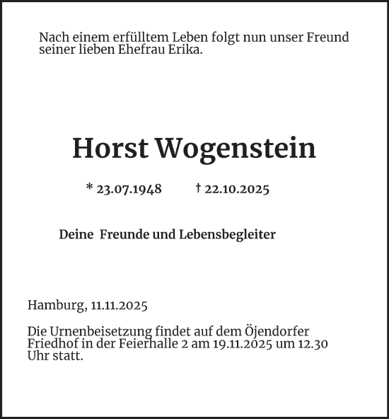 Traueranzeige von Horst Wogenstein von Hamburger Abendblatt