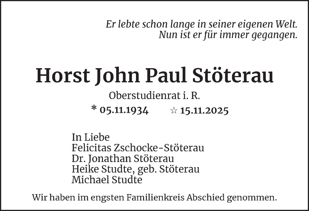  Traueranzeige für Horst John Paul Stöterau vom 22.11.2025 aus Hamburger Abendblatt