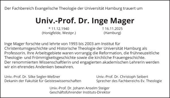 Traueranzeige von Inge Mager von Hamburger Abendblatt