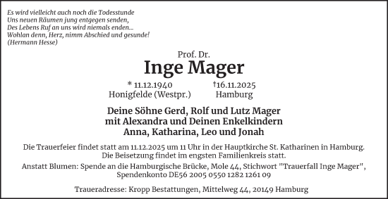 Traueranzeige von Inge Mager von Hamburger Abendblatt