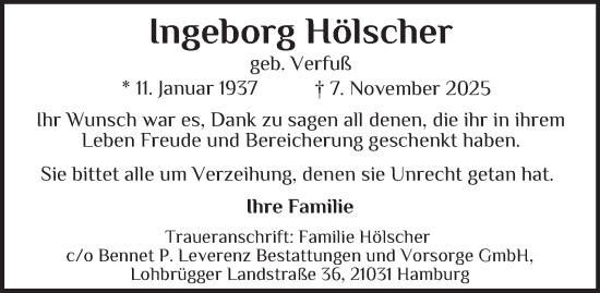 Traueranzeige von Ingeborg Hölscher von Hamburger Abendblatt