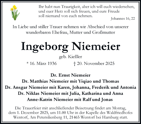 Traueranzeige von Ingeborg Niemeier von Hamburger Abendblatt