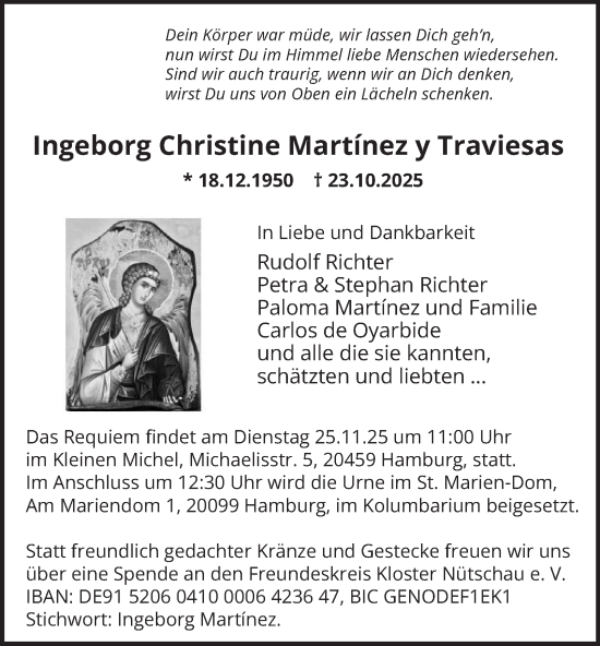 Traueranzeige von Ingeborg Christine Martínez y Traviesas von Hamburger Abendblatt