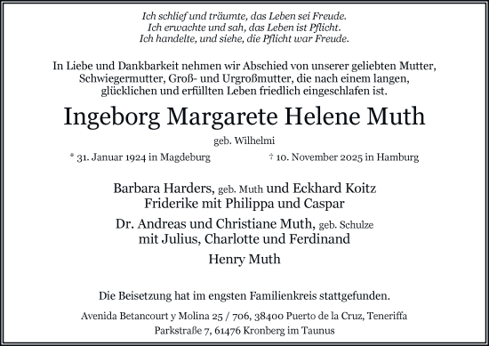 Traueranzeige von Ingeborg Margarete Helene Muth von Hamburger Abendblatt