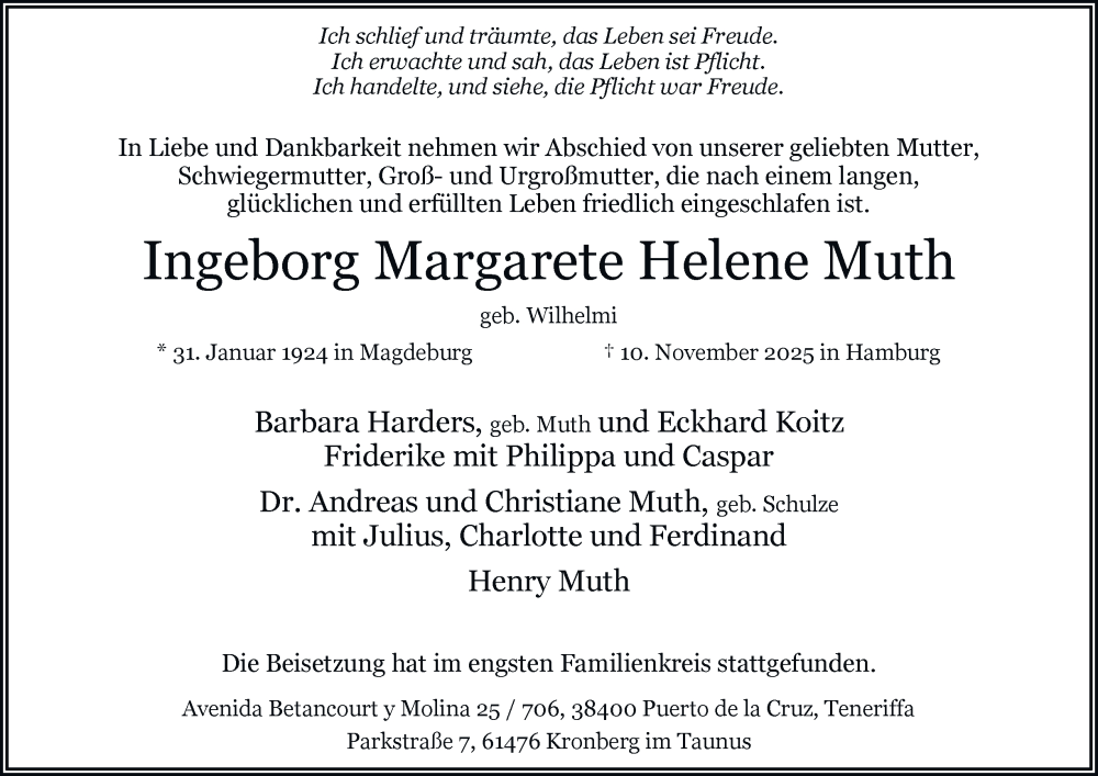  Traueranzeige für Ingeborg Margarete Helene Muth vom 22.11.2025 aus Hamburger Abendblatt