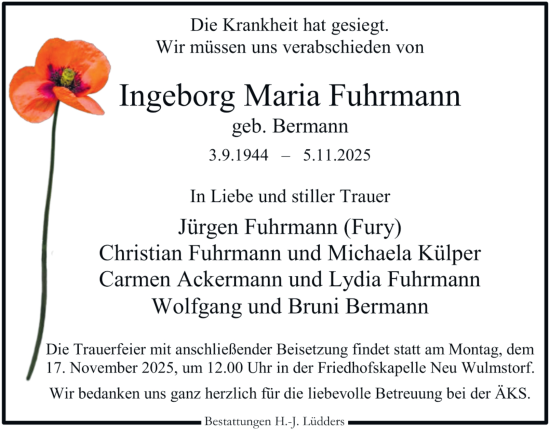 Traueranzeige von Ingeborg Maria Fuhrmann von Hamburger Abendblatt