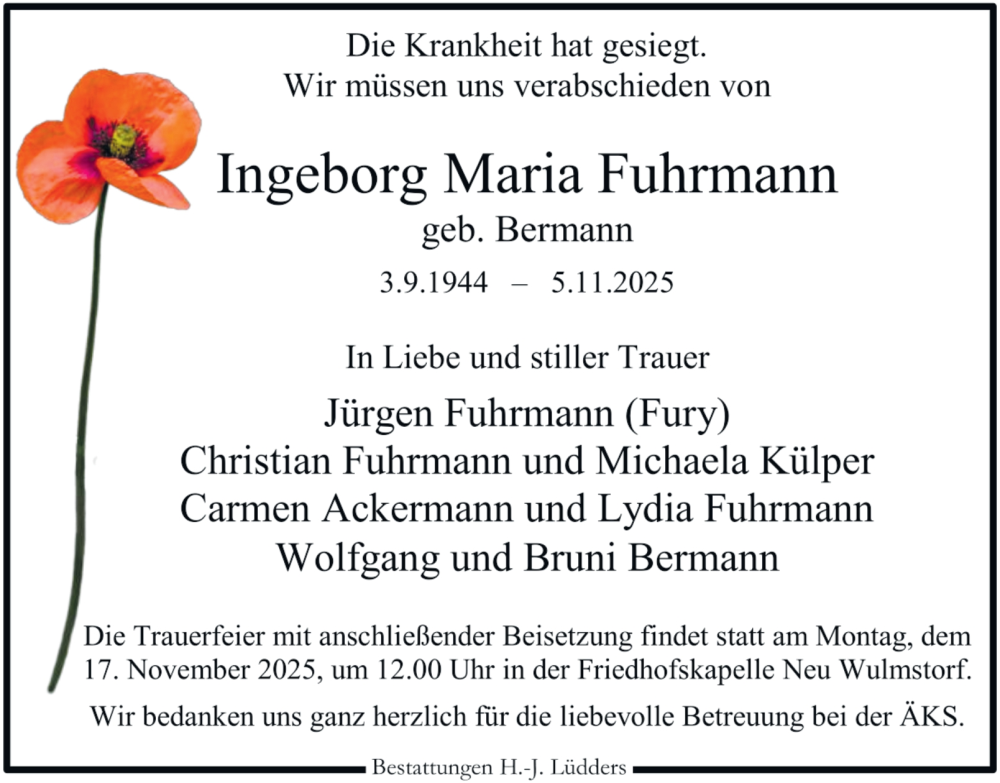  Traueranzeige für Ingeborg Maria Fuhrmann vom 15.11.2025 aus Hamburger Abendblatt