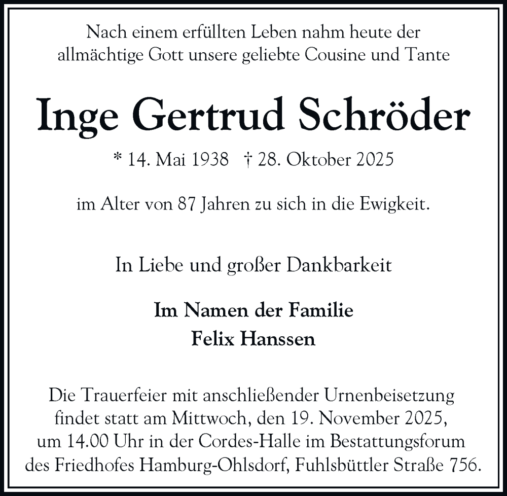  Traueranzeige für Inge Gertrud Schröder vom 08.11.2025 aus Hamburger Abendblatt