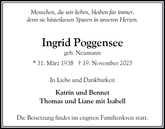 Traueranzeige von Ingrid Poggensee von Hamburger Abendblatt