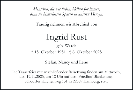 Traueranzeige von Ingrid Rust von Hamburger Abendblatt