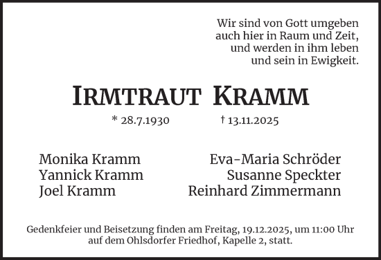 Traueranzeige von Irmtraut Kramm von Hamburger Abendblatt