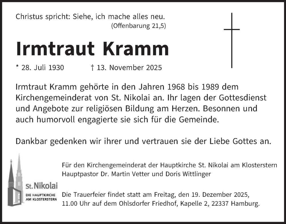  Traueranzeige für Irmtraut Kramm vom 22.11.2025 aus Hamburger Abendblatt