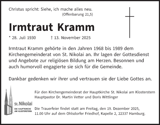 Traueranzeige von Irmtraut Kramm von Hamburger Abendblatt