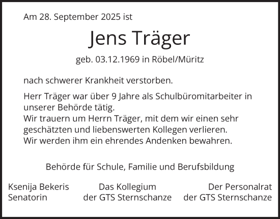 Traueranzeige von Jens Träger von Hamburger Abendblatt