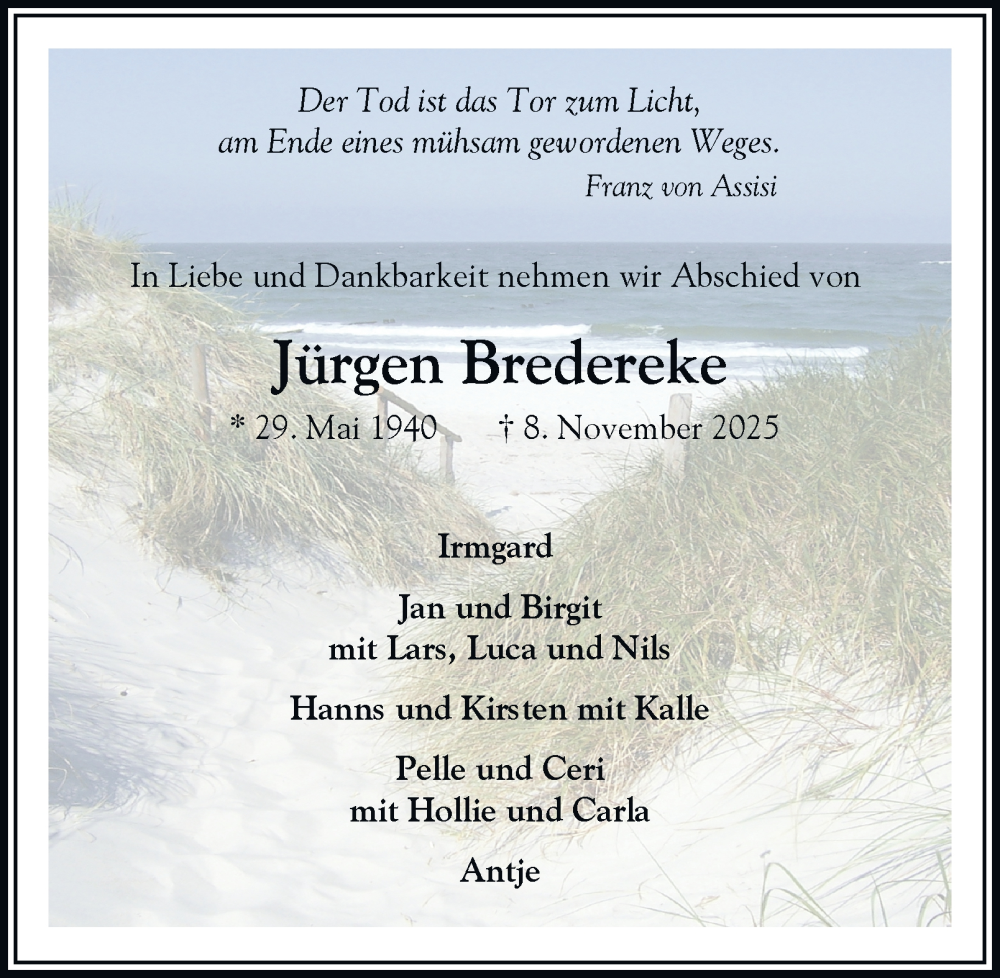  Traueranzeige für Jürgen Bredereke vom 22.11.2025 aus Hamburger Abendblatt