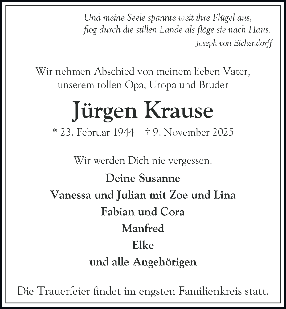  Traueranzeige für Jürgen Krause vom 15.11.2025 aus Hamburger Abendblatt