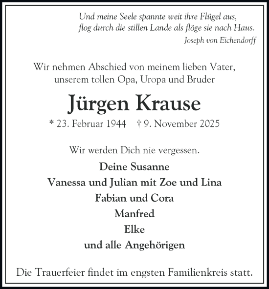 Traueranzeige von Jürgen Krause von Hamburger Abendblatt