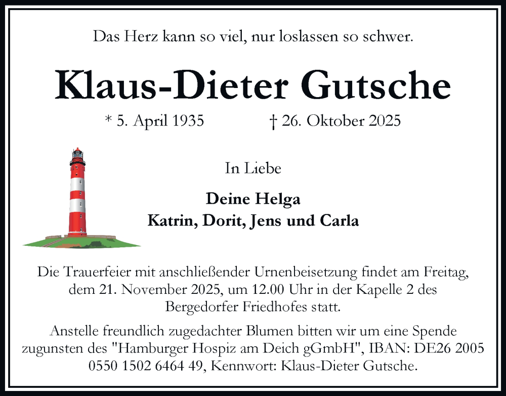  Traueranzeige für Klaus-Dieter Gutsche vom 08.11.2025 aus Bergedorfer Zeitung