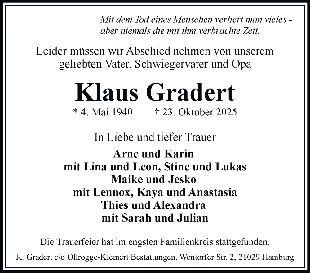  Traueranzeige für Klaus Gradert vom 15.11.2025 aus Bergedorfer Zeitung