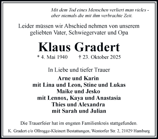 Traueranzeige von Klaus Gradert von Bergedorfer Zeitung