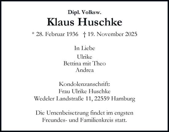 Traueranzeige von Klaus Huschke von Hamburger Abendblatt