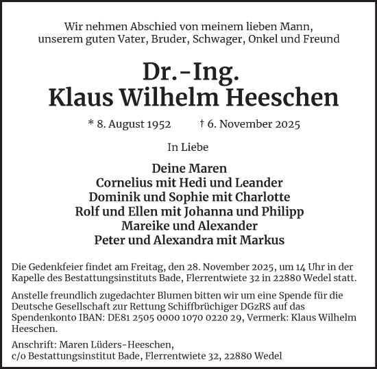 Traueranzeige von Klaus Wilhelm Heeschen von Hamburger Abendblatt