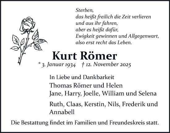 Traueranzeige von Kurt Römer von Hamburger Abendblatt