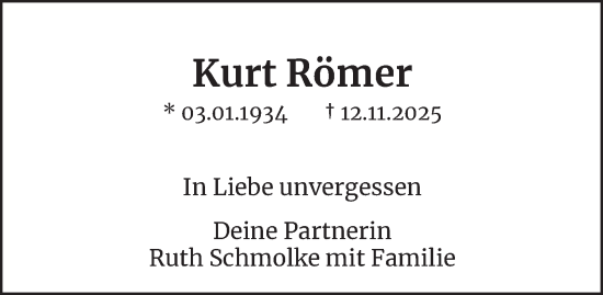 Traueranzeige von Kurt Römer von Hamburger Abendblatt