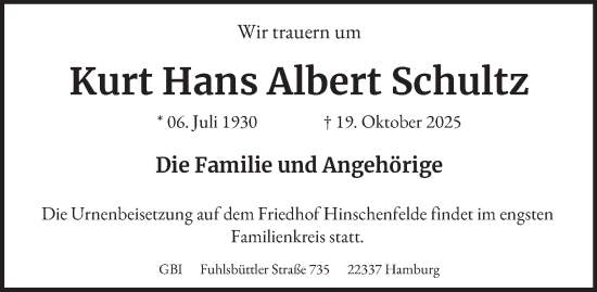 Traueranzeige von Kurt Hans Albert Schultz von Hamburger Abendblatt