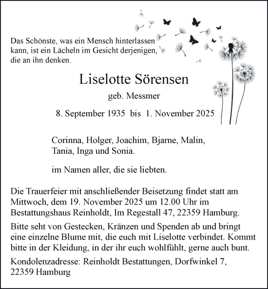 Traueranzeige von Liselotte Sörensen von Hamburger Abendblatt
