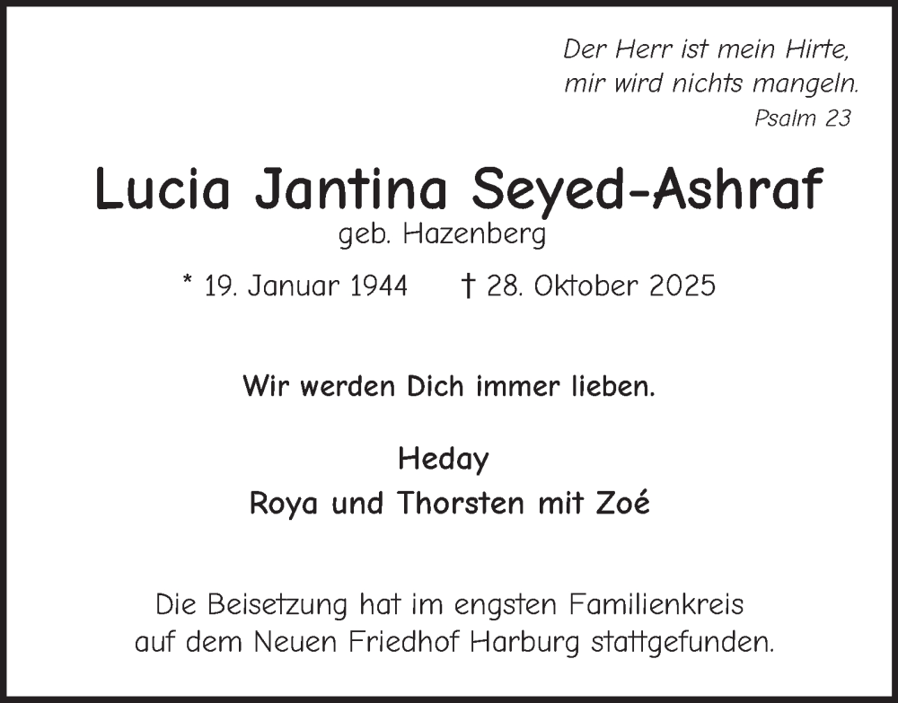  Traueranzeige für Lucia Jantina Seyed-Ashraf vom 08.11.2025 aus 