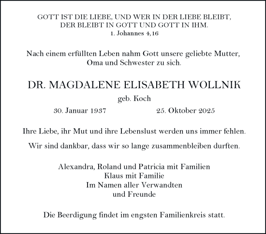 Traueranzeige von Magdalene Elisabeth Wollnik von Hamburger Abendblatt