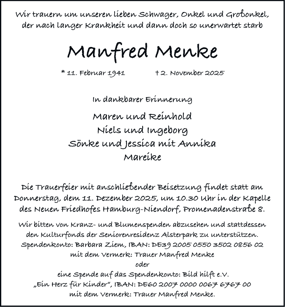  Traueranzeige für Manfred Menke vom 29.11.2025 aus Hamburger Abendblatt