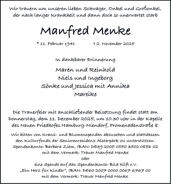 Traueranzeige von Manfred Menke von Hamburger Abendblatt