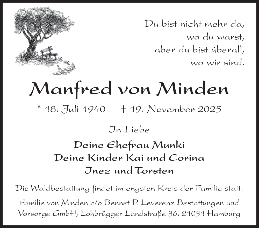  Traueranzeige für Manfred von Minden vom 29.11.2025 aus Bergedorfer Zeitung