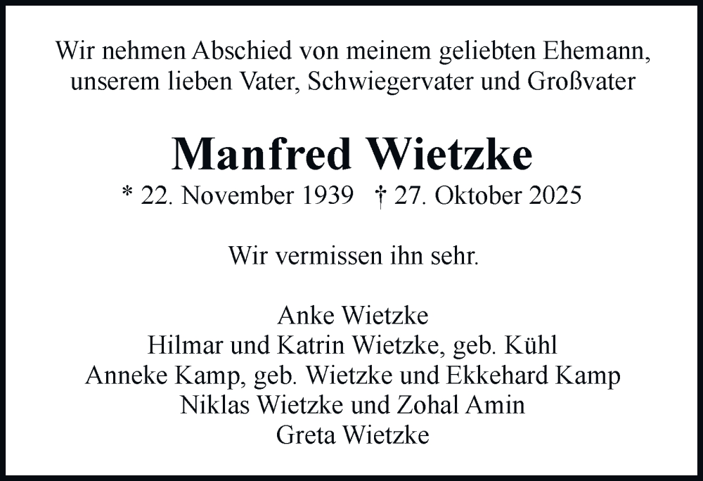  Traueranzeige für Manfred Wietzke vom 29.11.2025 aus Hamburger Abendblatt